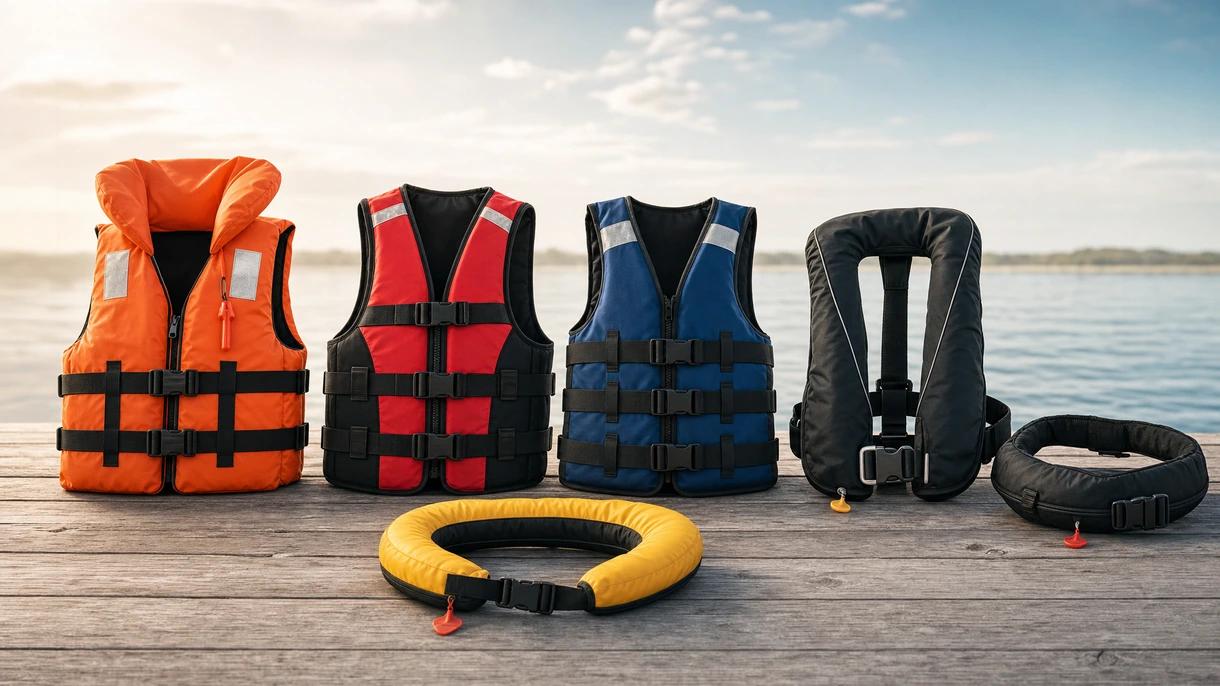 Decksmannschaft mit professionellen aufblasbaren SOLAS-Rettungswesten bei Wartungsarbeiten auf einem kommerziellen Motorschiff auf See.