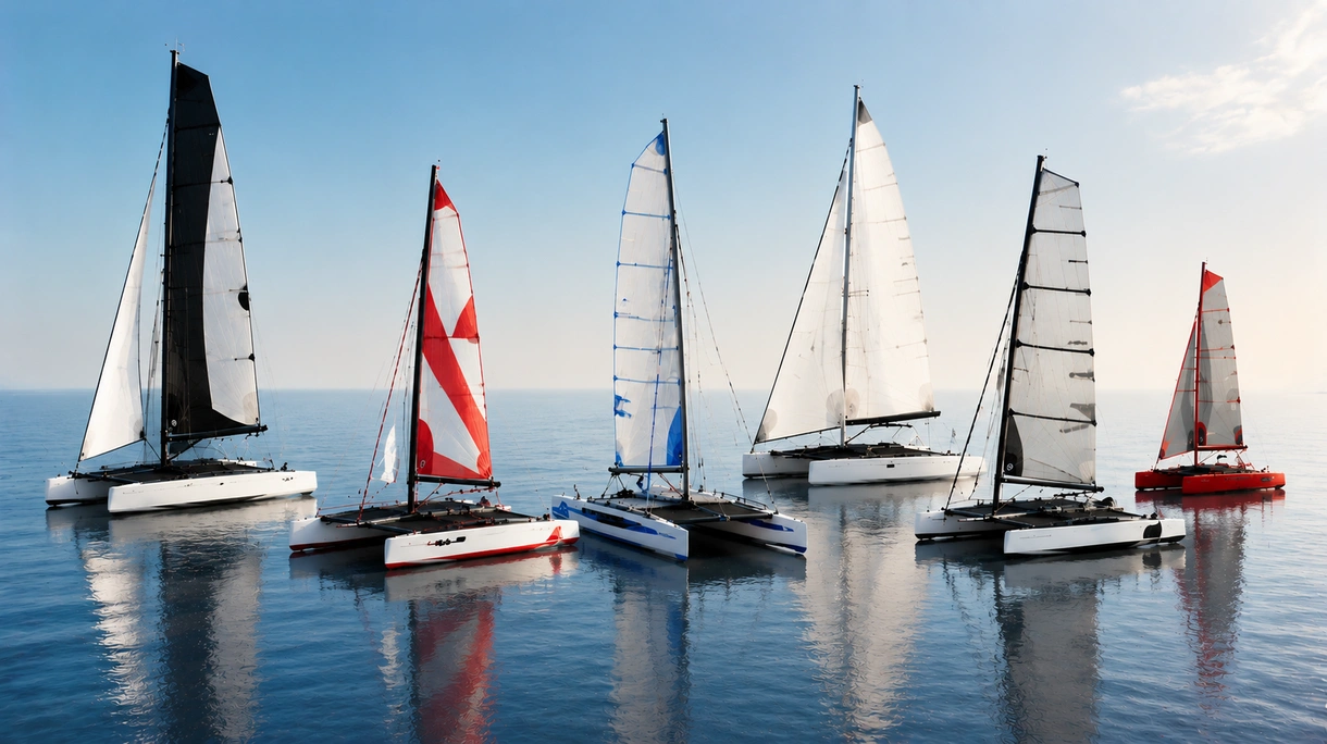 Ein professioneller Sportkatamaran während eines Foil-Übergangs bei hoher Geschwindigkeit bei einer Hochsee-Regatta mit technischer Renn-Crew an Bord.