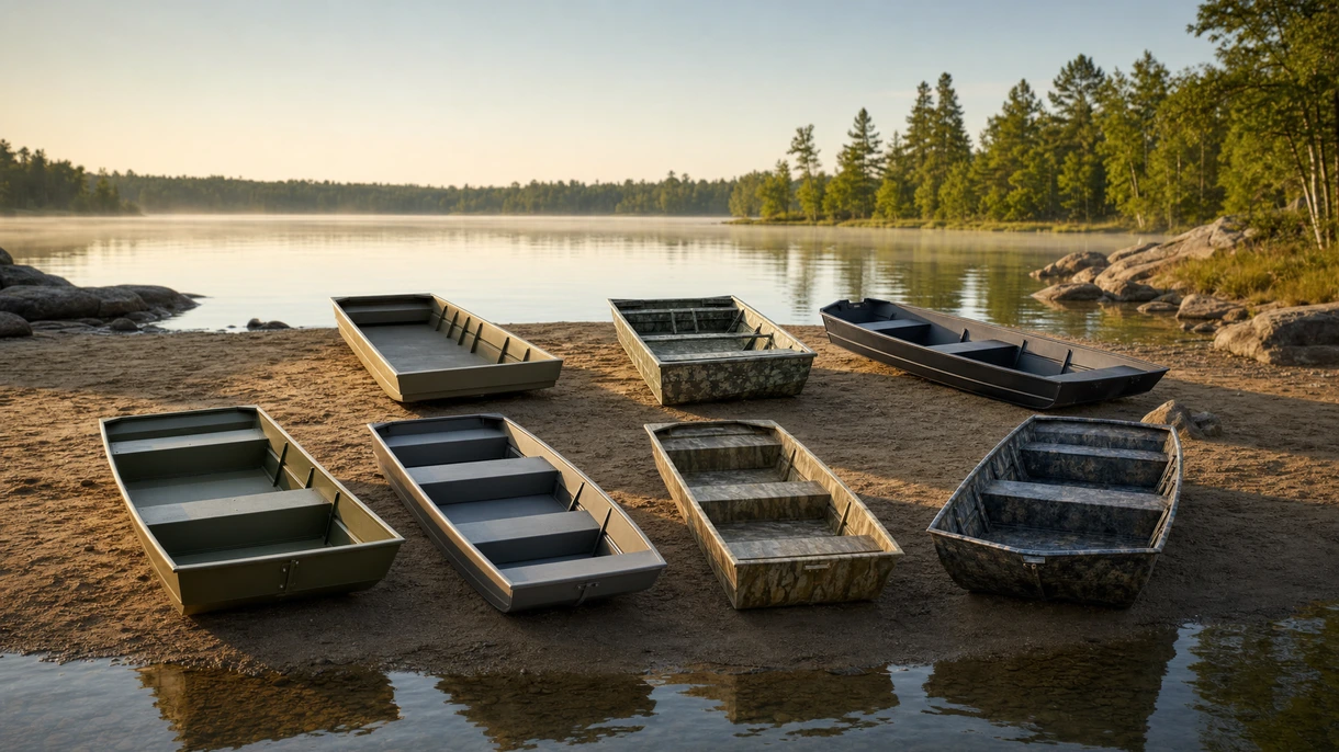 Professionelles Jon-Boat aus Aluminium beim Transport von maritimer Ausrüstung und Besatzung in einem ruhigen Industriehafen während eines Vermessungseinsatzes.