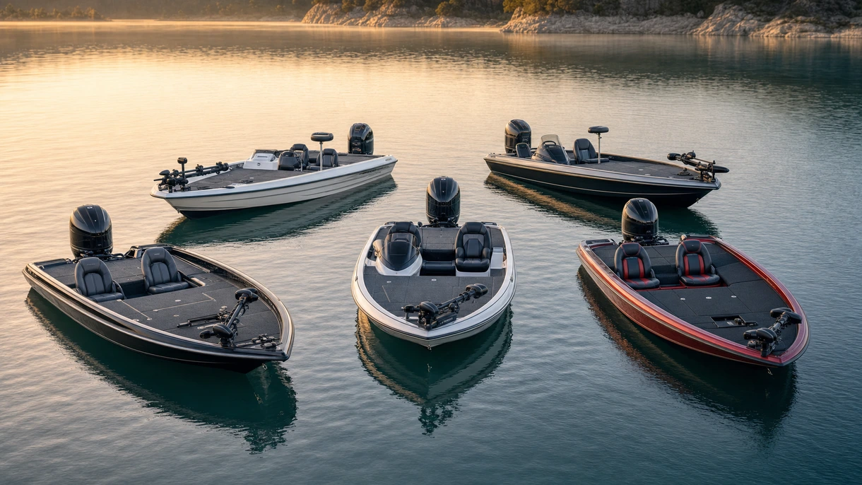 Professionelles Bass-Boat bei einer technischen Leistungsbewertung für Flottenbesitzer in einem Küstenhafen bei hoher Geschwindigkeit.