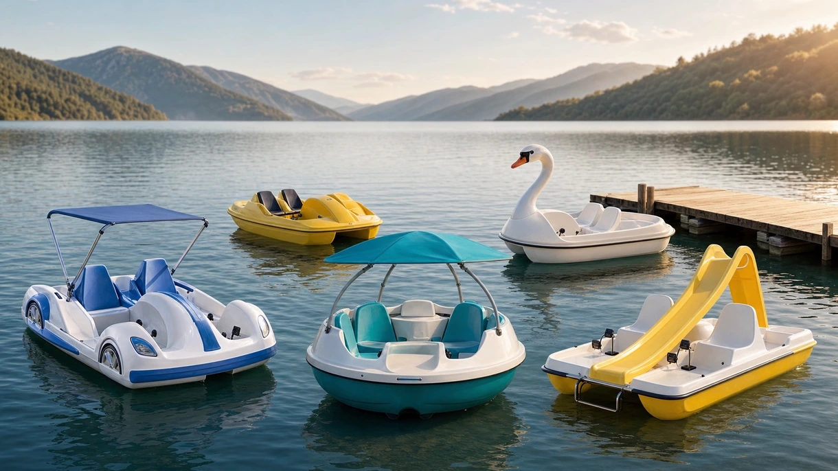Professionelle Flotte von Tretbooten aus hochdichtem Polyethylen, vertäut an einem kommerziellen Marina-Dock während der sommerlichen Spitzenbetriebszeiten.