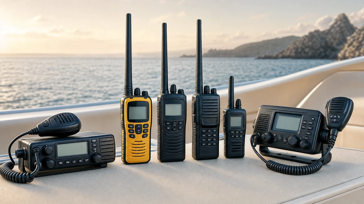 Professionelles Marine-VHF-Funkgerät, installiert auf einer kommerziellen Brücke, mit aktiver DSC-Notruf- und Navigationskanal-Überwachung.