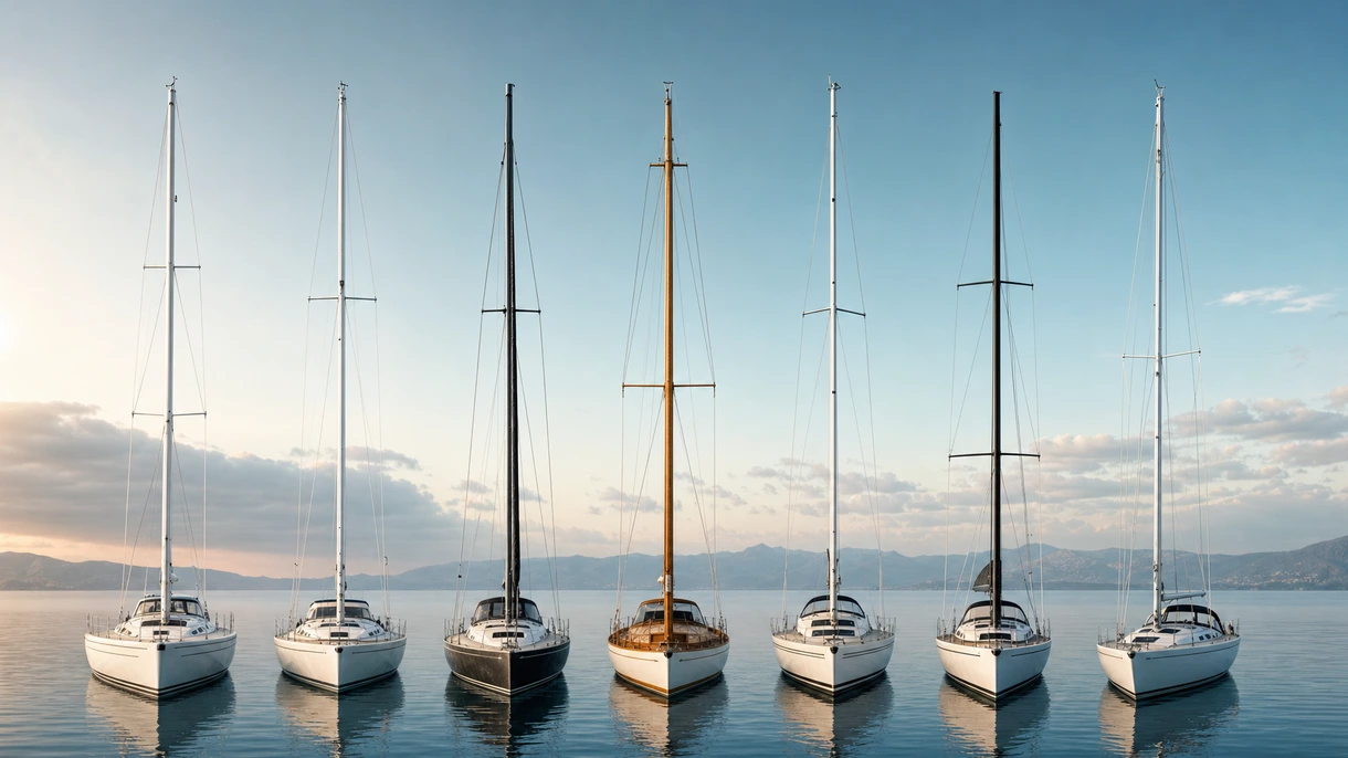Professionelles Team bei der Installation eines Masts für Segelboote aus Kohlefaser auf einer Luxusyacht an einer Werft-Krananlage.