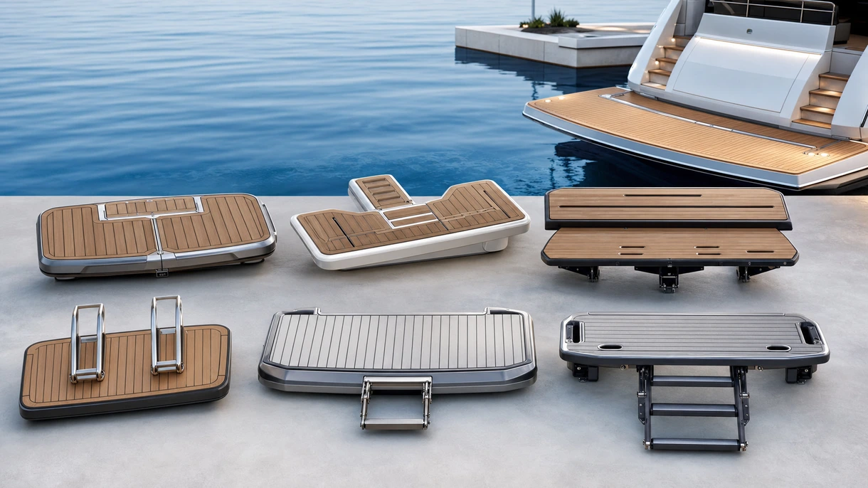 Hydraulische Plattform zum Baden, die ein Festrumpfschlauchboot (RIB) vom Heck einer großen Motoryacht ins Wasser lässt.