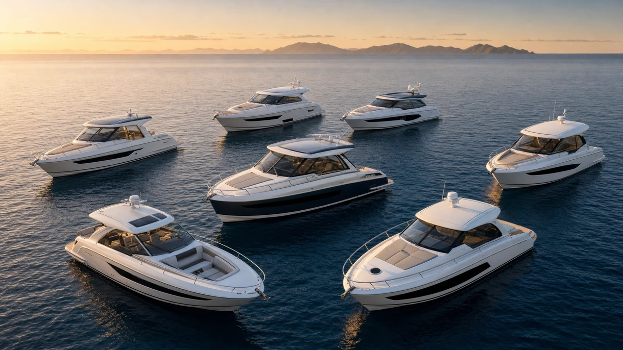 Professionelle Hardtop-Yacht bei der Navigation in Küstengewässern; Darstellung des schlanken aerodynamischen Profils und des integrierten Brückendecks für Flottenbetreiber.