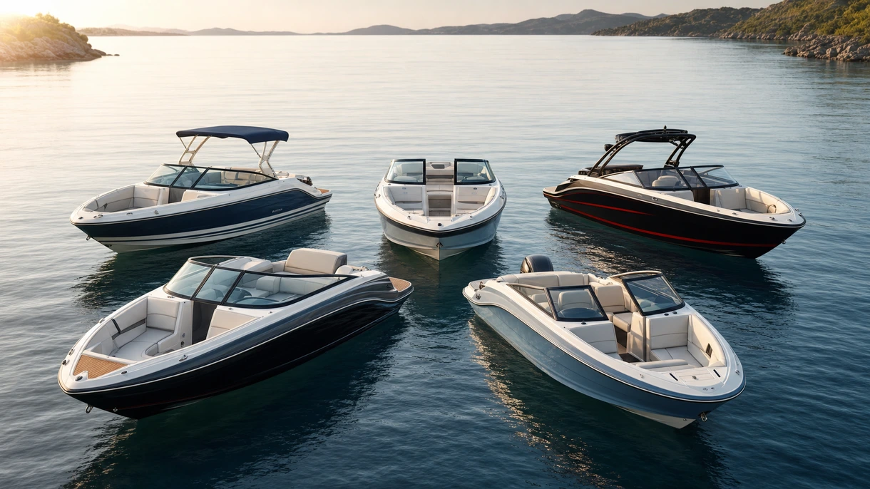 Professionelle Besatzung bei einer Probefahrt mit einem Bowrider-Runabout in einem belebten europäischen Handelshafen.