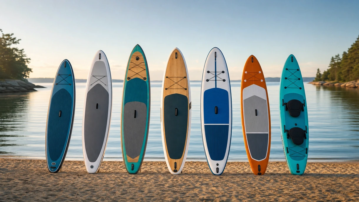 Professionelle Decksmannschaft beim Zuwasserlassen eines gewerblichen aufblasbaren Stand-up-Paddleboards von der hydraulischen Badeplattform einer Yacht.