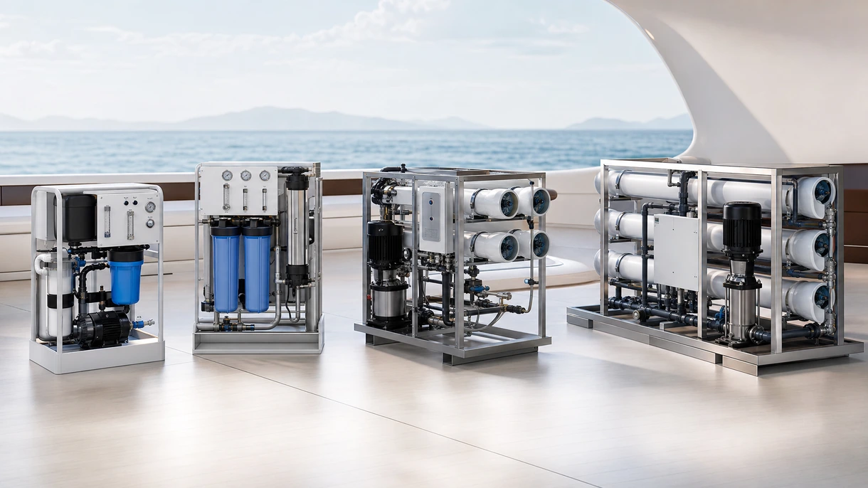 Besatzung einer gewerblichen Yacht bei der Überwachung einer modularen Umkehrosmose-Entsalzungsanlage, die in einem modernen Maschinenraum installiert ist.