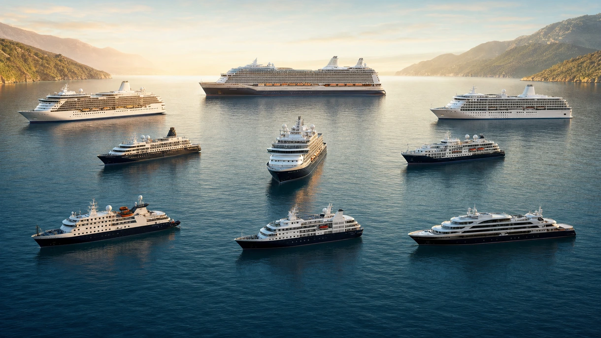Professionelles Kreuzfahrtschiff beim Anlegen an einem modernen Marineterminal mit Schlepperunterstützung und sichtbarer Hafeninfrastruktur.