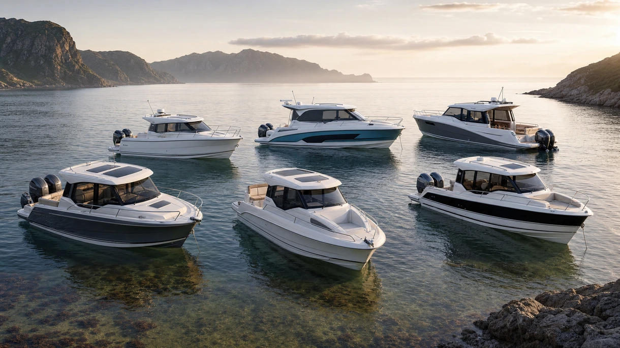 Gewerblicher Cabin-Cruiser / Außenborder bei Hochgeschwindigkeits-Probefahrten in Küstengewässern zur Evaluierung für die Flottenbeschaffung.