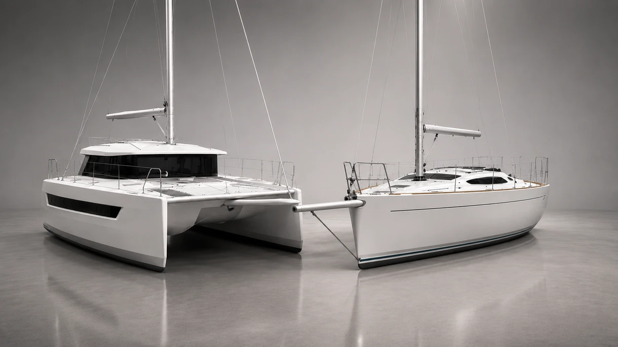 Professionelles Regatta-Segelboot beim Setzen eines asymmetrischen Spinnakers über einen Carbon-Bugspriet während einer maritimen Wettbewerbsveranstaltung.