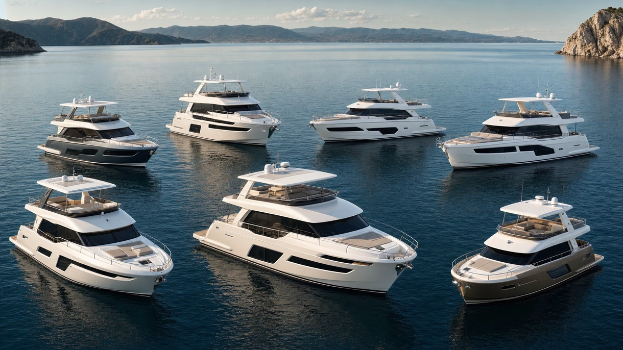 Professionelle Flybridge-Yacht bei der Navigation in Küstengewässern mit deutlich sichtbarem Kommandostand und Radarmast für den Einsatz.