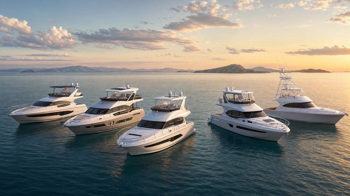 Professioneller Express-Cruiser / Flybridge bei Hochgeschwindigkeits-Probefahrten in Küstengewässern zur Validierung der technischen Leistung.