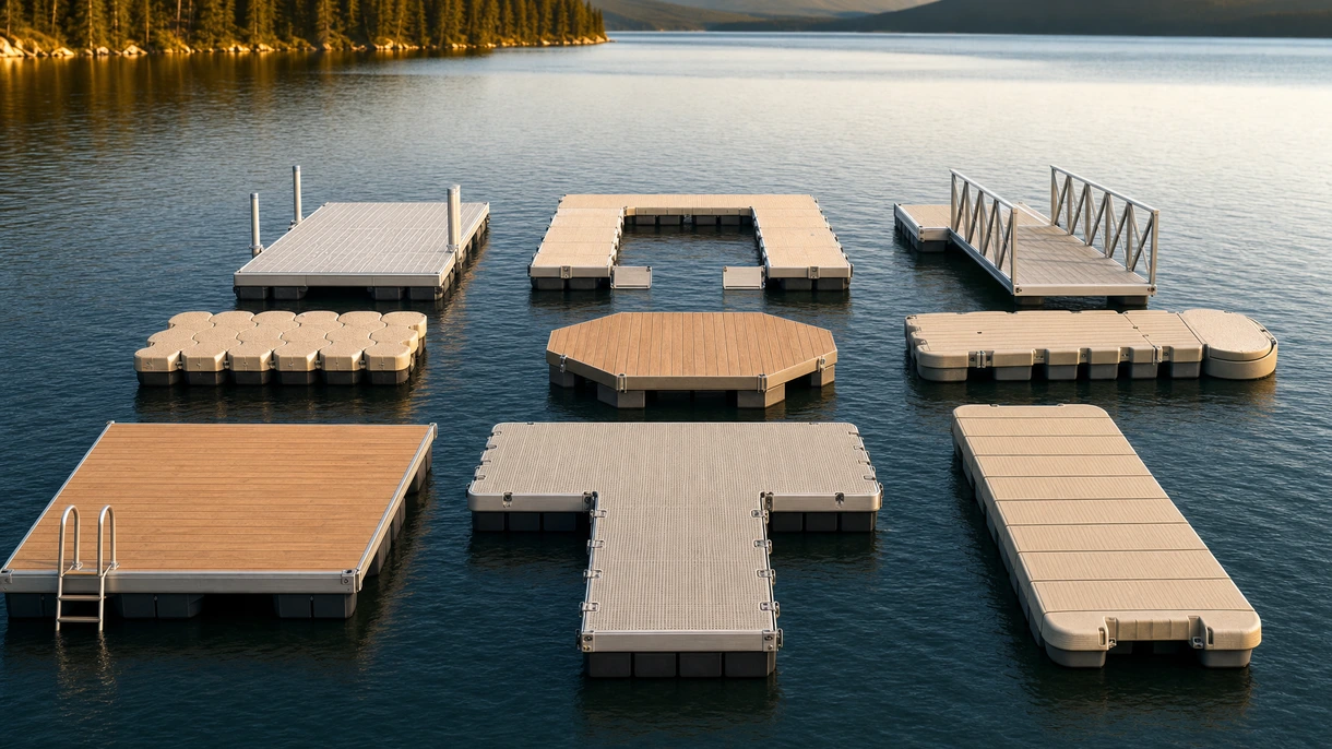 Gewerbliches modulares Pontonsystem, das mehrere Luxus-Motoryachten in einer stark frequentierten europäischen Marina trägt.