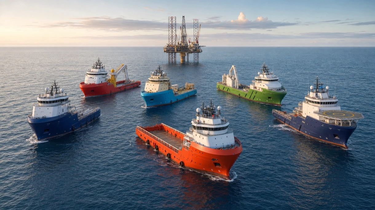 Ein Offshore-Service-Schiff hält bei einem Schwerlasttransfer in der Nordsee die Position in der Nähe einer Tiefseeplattform.