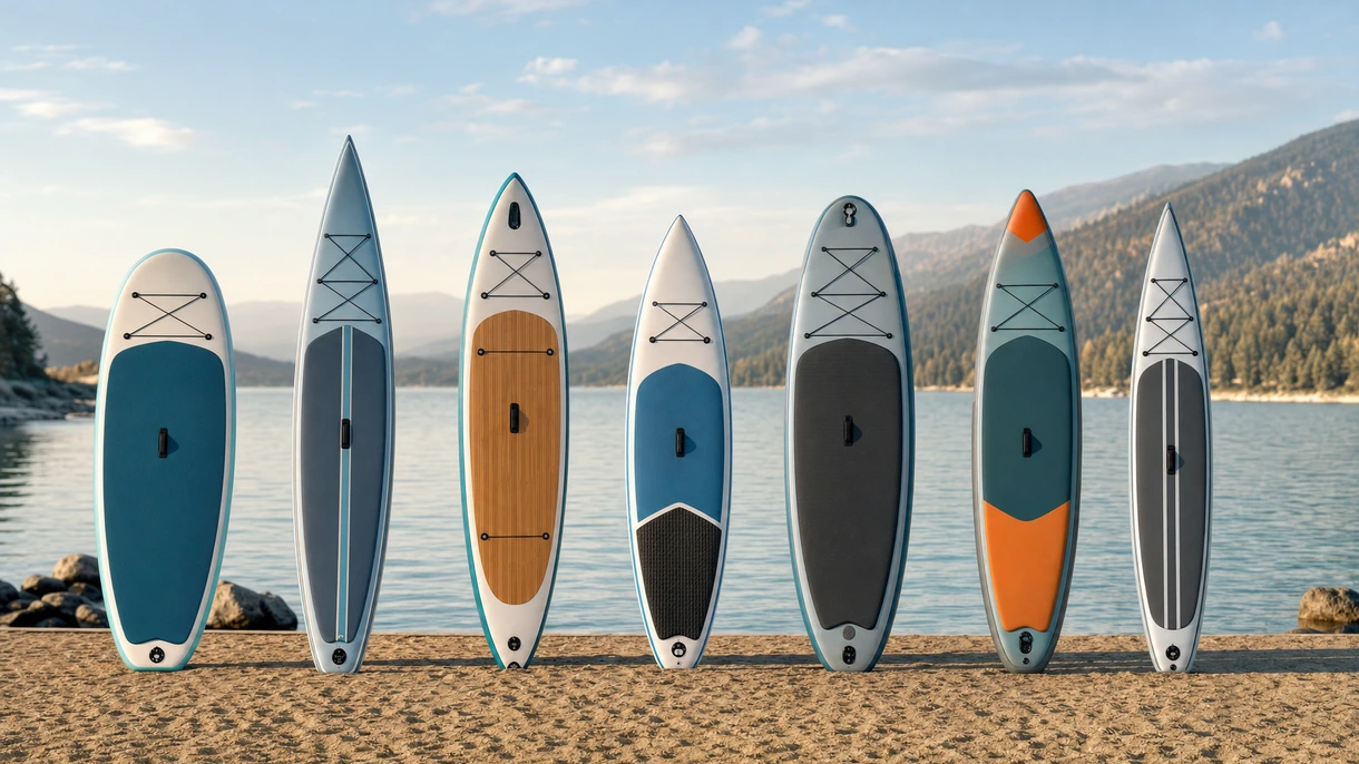 Professionelle Crew beim Ausbringen strapazierfähiger aufblasbarer Stand-up-Paddleboards von der Badeplattform einer Superyacht für Gäste.