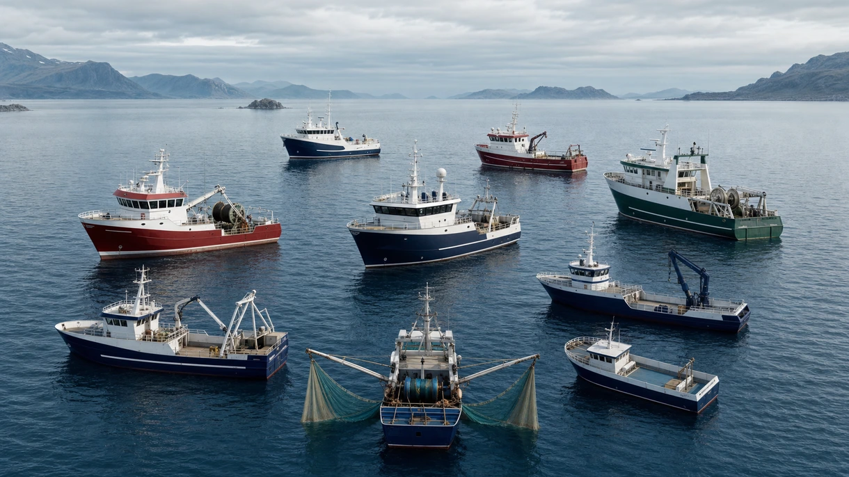 Professioneller Hecktrawler bei der Einholung des Fangs in nordatlantischen Gewässern bei schwerem Seegang für das Flottenmanagement.