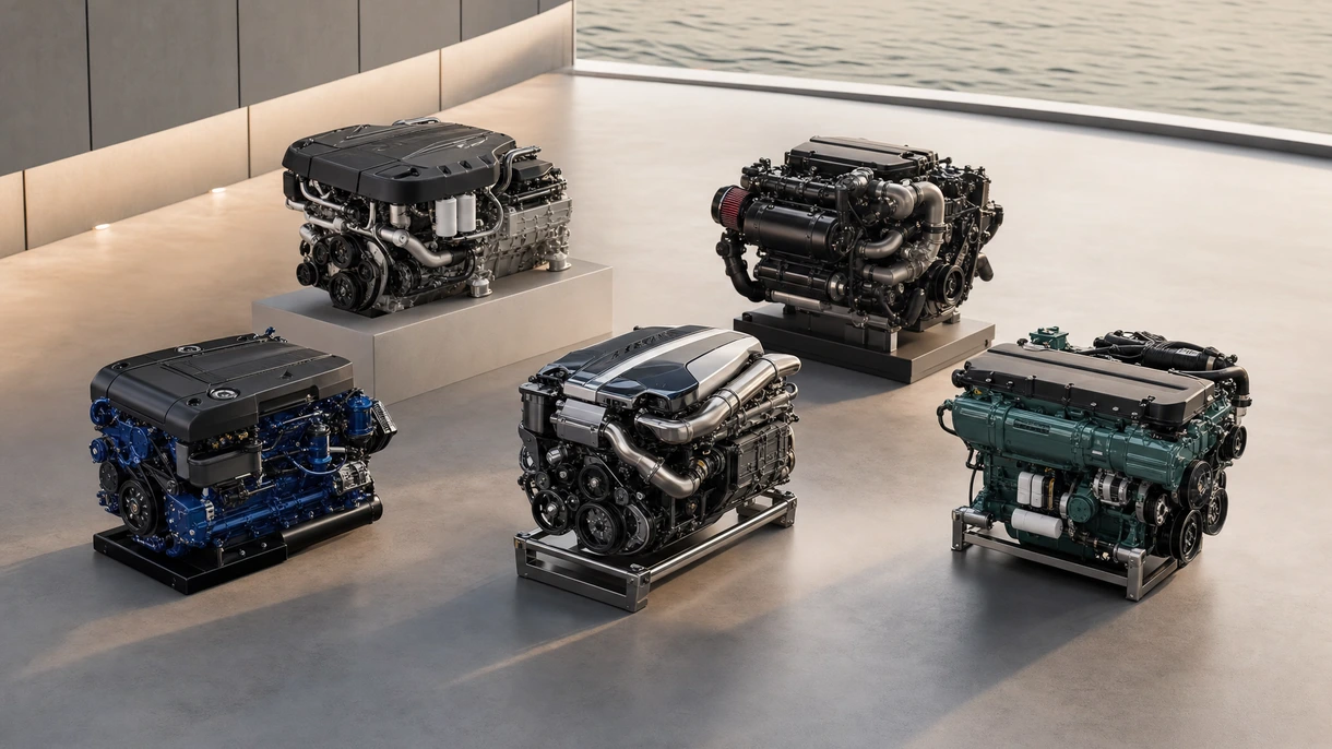 Ein professioneller Schiffsingenieur inspiziert die Installation eines Doppel-Diesel-Innenbordmotors im Maschinenraum eines Handelsschiffs.