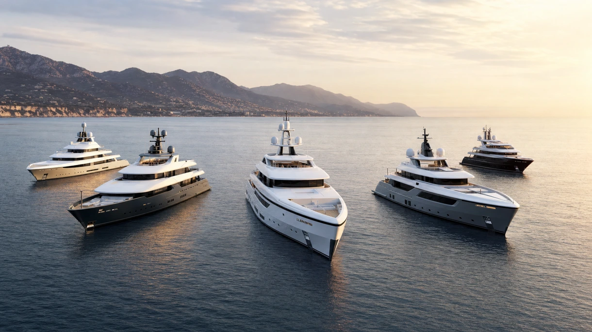 Professionelle Megayacht für Kreuzfahrten navigiert während einer offiziellen Probefahrt mit Schiffsingenieuren an Bord durch mediterrane Küstengewässer.