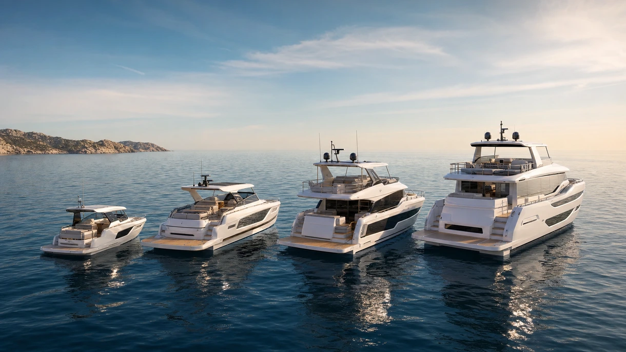 Professionelle Motoryacht / IPS POD bei Manövern in offenen Gewässern; Darstellung von Rumpfstabilität und effizientem Kielwasser während maritimer Hochgeschwindigkeitstests.