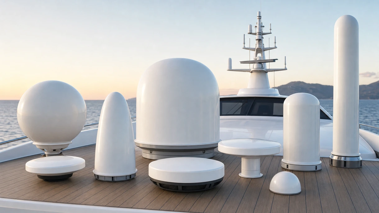 Eine leistungsstarke Solid-State-Radomantenne, montiert am Mast einer professionellen Motoryacht während eines Küstenüberwachungseinsatzes.