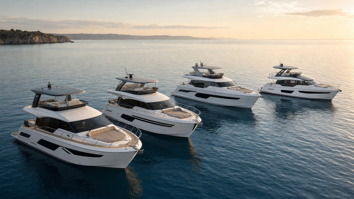 Eine Motoryacht / 4 Kabinen kreuzt in Küstengewässern und präsentiert ihr aerodynamisches Rumpfdesign sowie die weitläufige Flybridge.