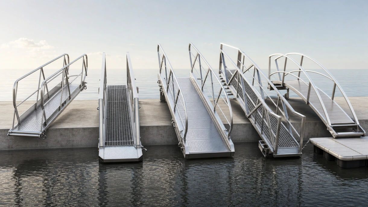 Professionelle Crew beim Ausfahren einer teleskopierbaren Edelstahl-Gangway vom Heck einer Superyacht zu einem Steinquai in einem belebten Jachthafen.