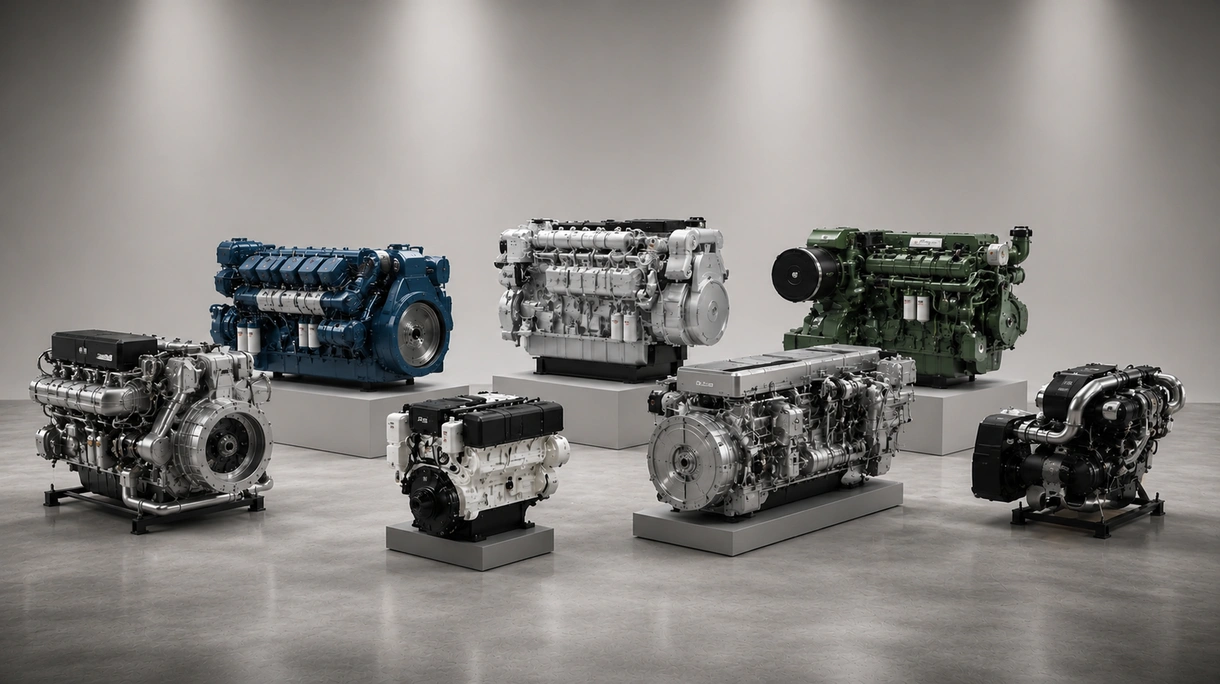 Ein schwerer Motor für professionellen Gebrauch wird in einer professionellen Werft in den Stahlrumpf eines neuen Frachtschiffs eingebaut.