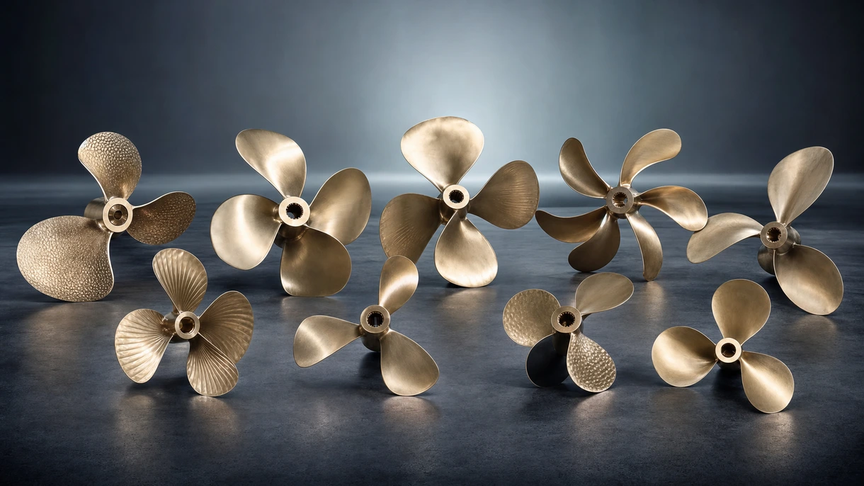 Großer Shaft-Drive-Propeller aus Bronze, installiert an einem kommerziellen Rumpf während einer planmäßigen Wartung im Trockendock einer europäischen Werft.