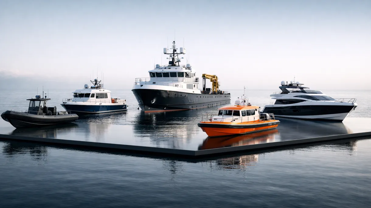 Professionelles Arbeitsboot aus Aluminium bei Vermessungsarbeiten in einem kommerziellen Hafen mit spezialisierter Besatzung auf dem Arbeitsdeck.
