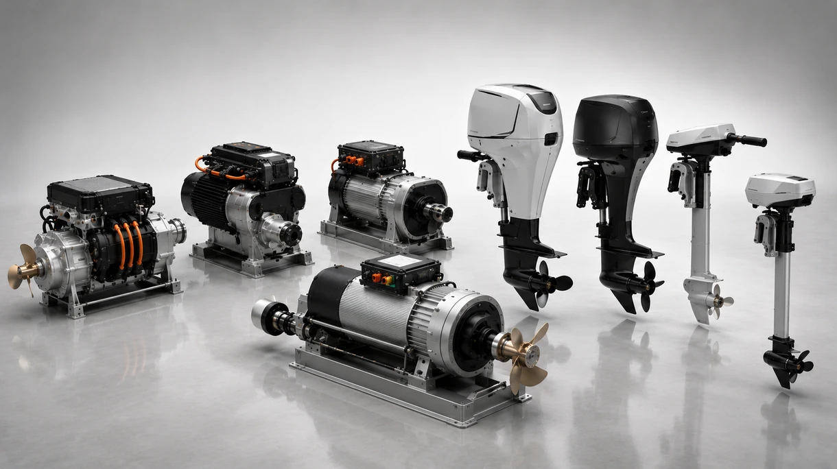 Professioneller elektrischer Innenbordmotor, der während der Werftmontage für einen nachhaltigen Flottenbetrieb in den Rumpf eines kommerziellen Katamarans eingebaut wird.