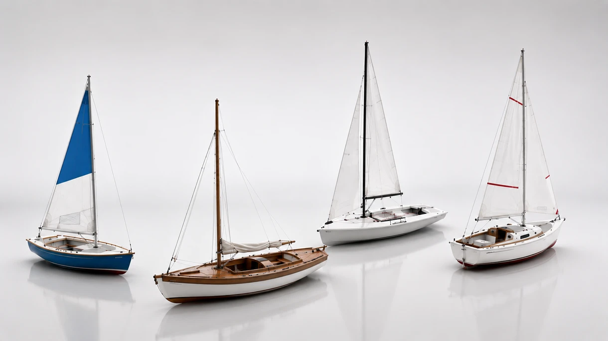 Professionelle Crew beim Manövrieren eines Daysailer-Segelboots mit Carbon-Rumpf während Küstenerprobungen mit voll gesetztem Hochleistungs-Segelplan bei mäßigem Wind.