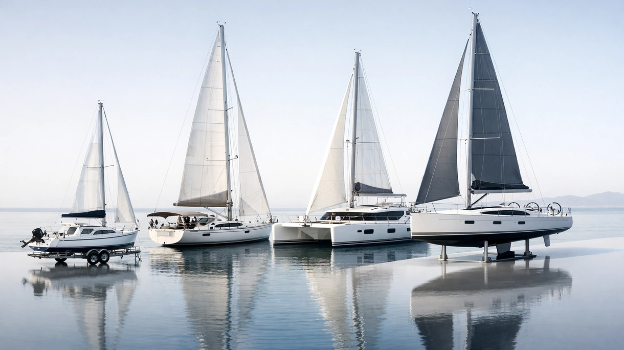 Professionelles Blauwasser-Segelboot für Kreuzfahrten bei der Auslieferung an eine maritime Flotte unter vollen Segeln in offener See.