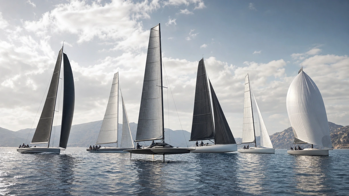 Professionelle Crew eines Regatta-Segelboots bei einem Hochgeschwindigkeitsmanöver auf einem Carbonfaser-Rumpf während einer internationalen Offshore-Regatta.