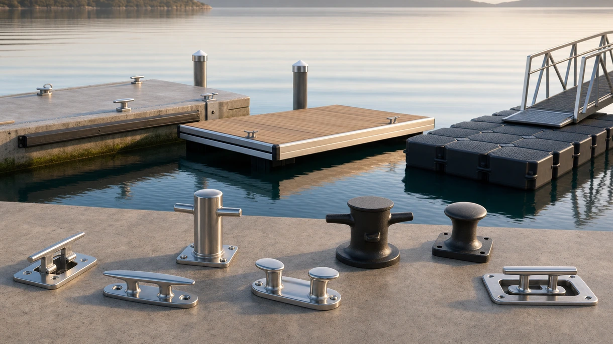 Hochbelastbarer Beton-Schwimmponton zur Sicherung einer Luxus-Motoryacht in einem hochfrequentierten gewerblichen europäischen Marina-Terminal.