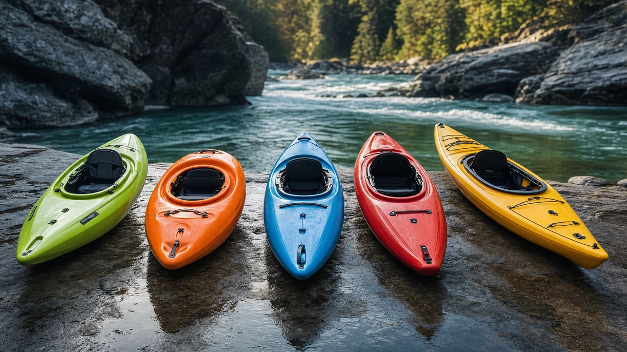 Professionelle River-Guides beim Navigieren technischer Wildwasserabschnitte mit hohen Wasservolumina in rotationsgeformten Wildwasserkajaks für einen maritimen Flottenbetrieb.