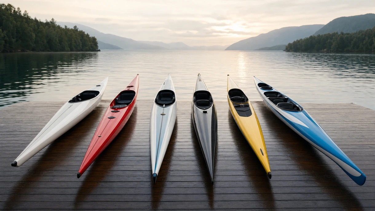 Professionelle Athleten in Regatta-Kajaks aus Kohlenstofffaser während eines Hochgeschwindigkeits-Sprints auf einer Flachwasserstrecke.