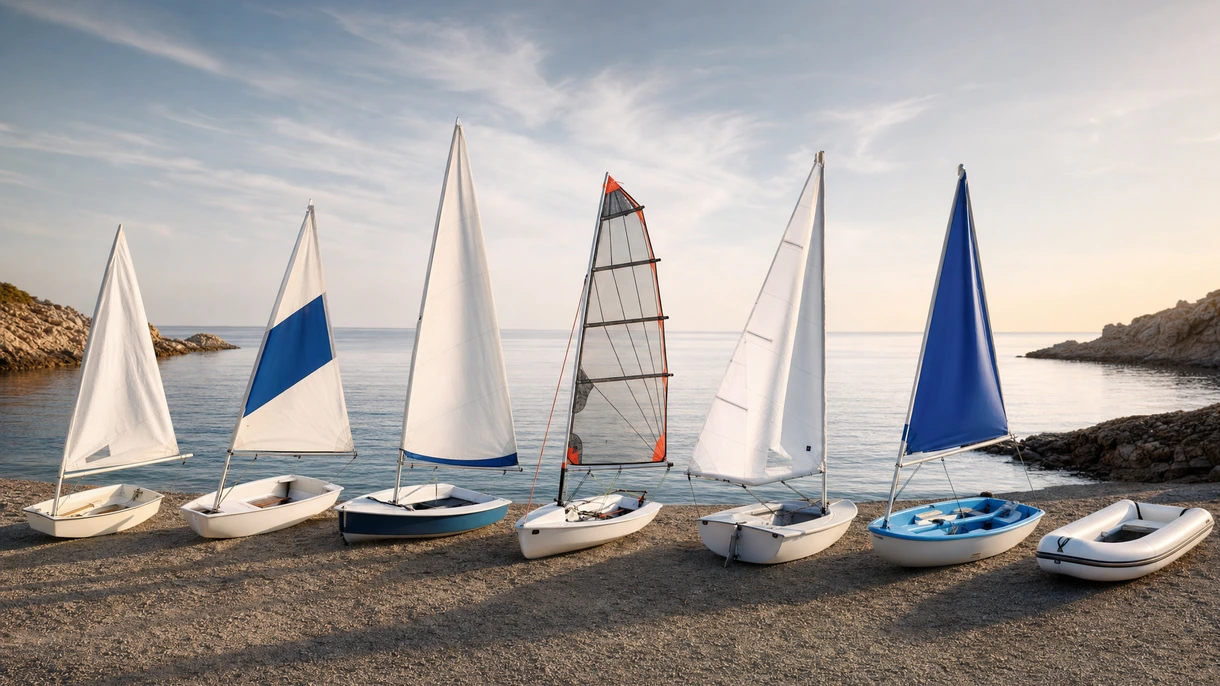Ein professioneller Segellehrer weist Schüler in eine Flotte von Freizeitjollen während einer Küstenschulung auf See ein.