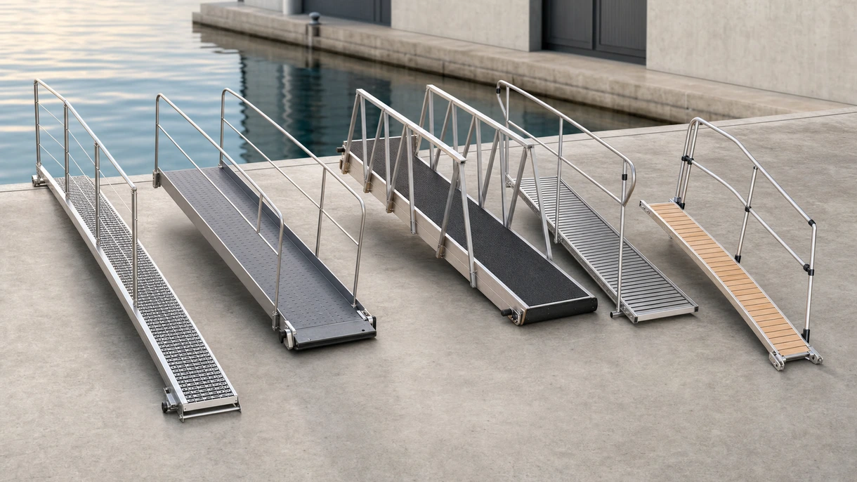 Besatzungsmitglieder beim Ausbringen einer leichten manuellen Gangway aus Kohlefaser von einer Motoryacht zu einem gemauerten europäischen Hafendock.