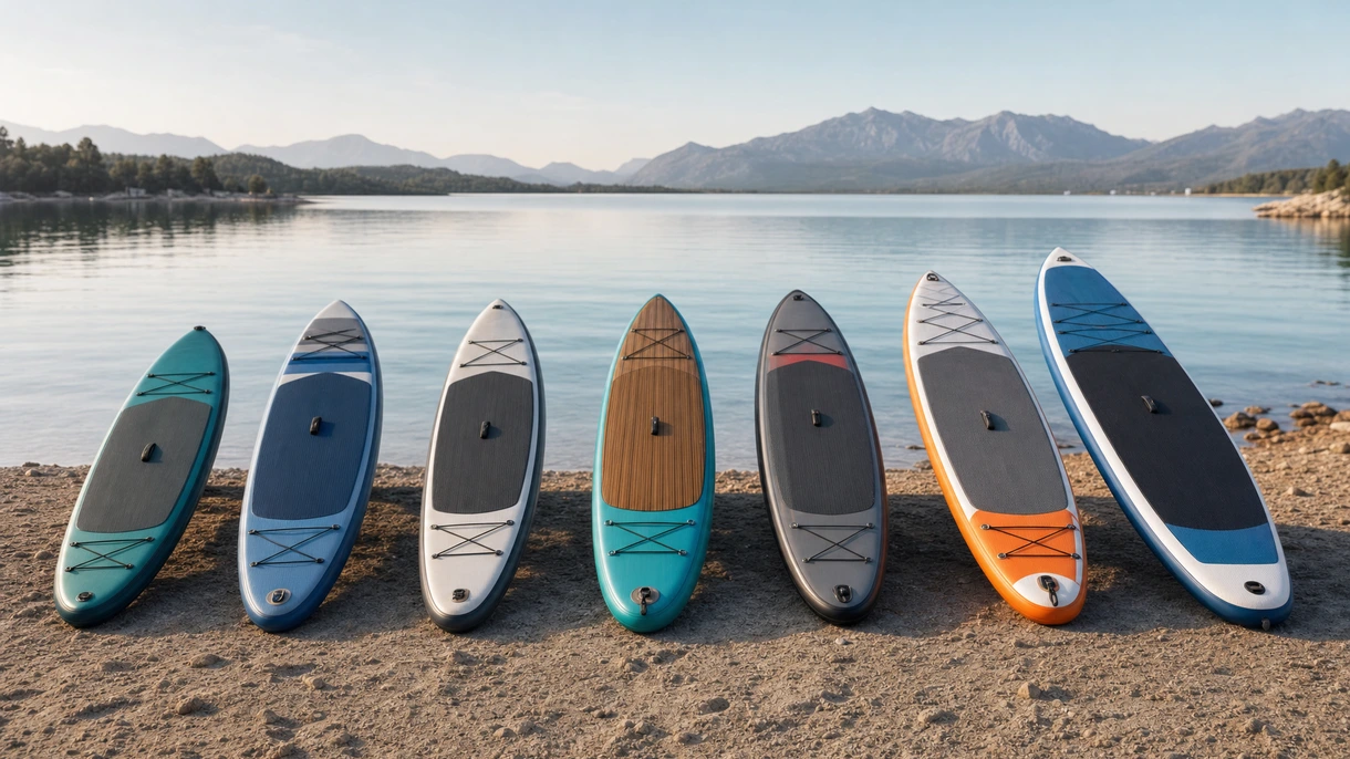 Gäste einer kommerziellen Charterflotte nutzen Allround-SUP-Boards in der Nähe einer Luxus-Motoryacht in mediterranen Küstengewässern.