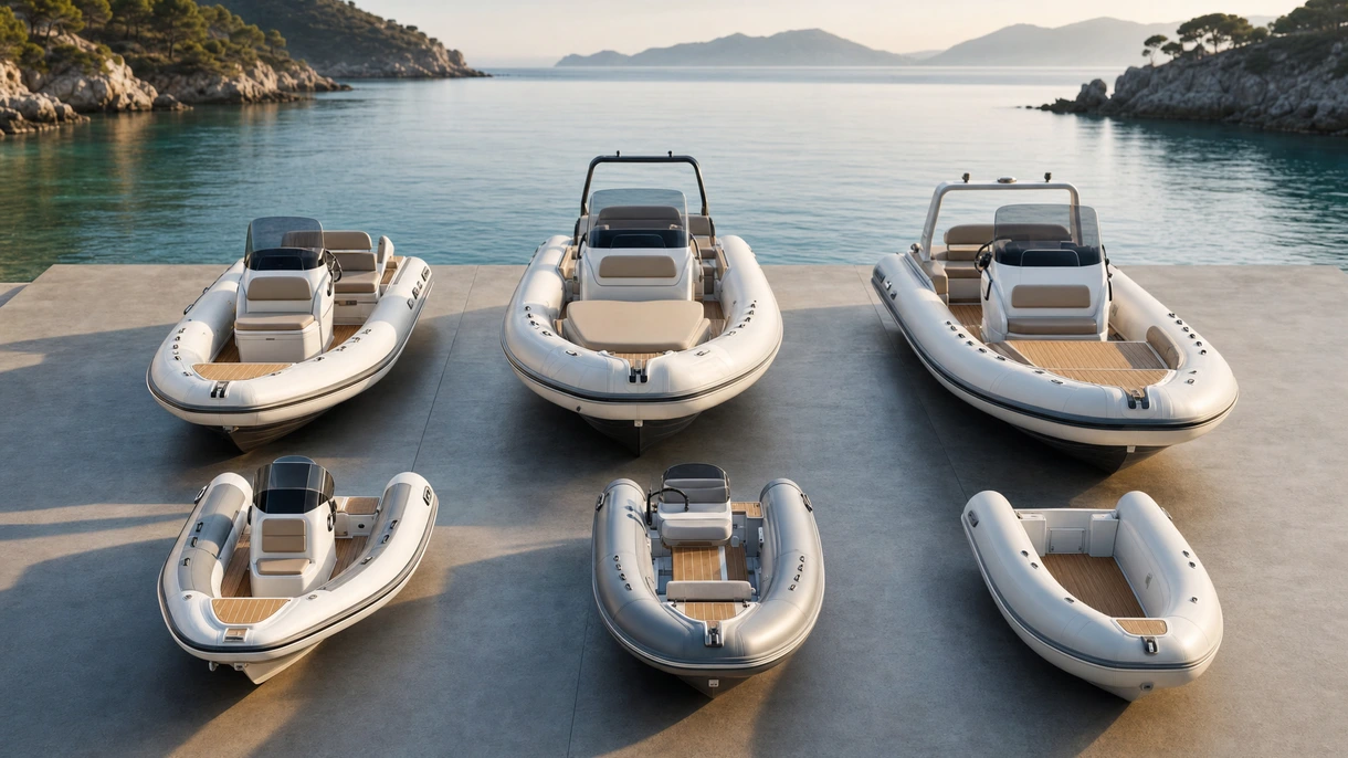 Professioneller Tender mit synthetischem Teakdeck, festgemacht längsseits einer großen Motoryacht während eines Personaltransfers.