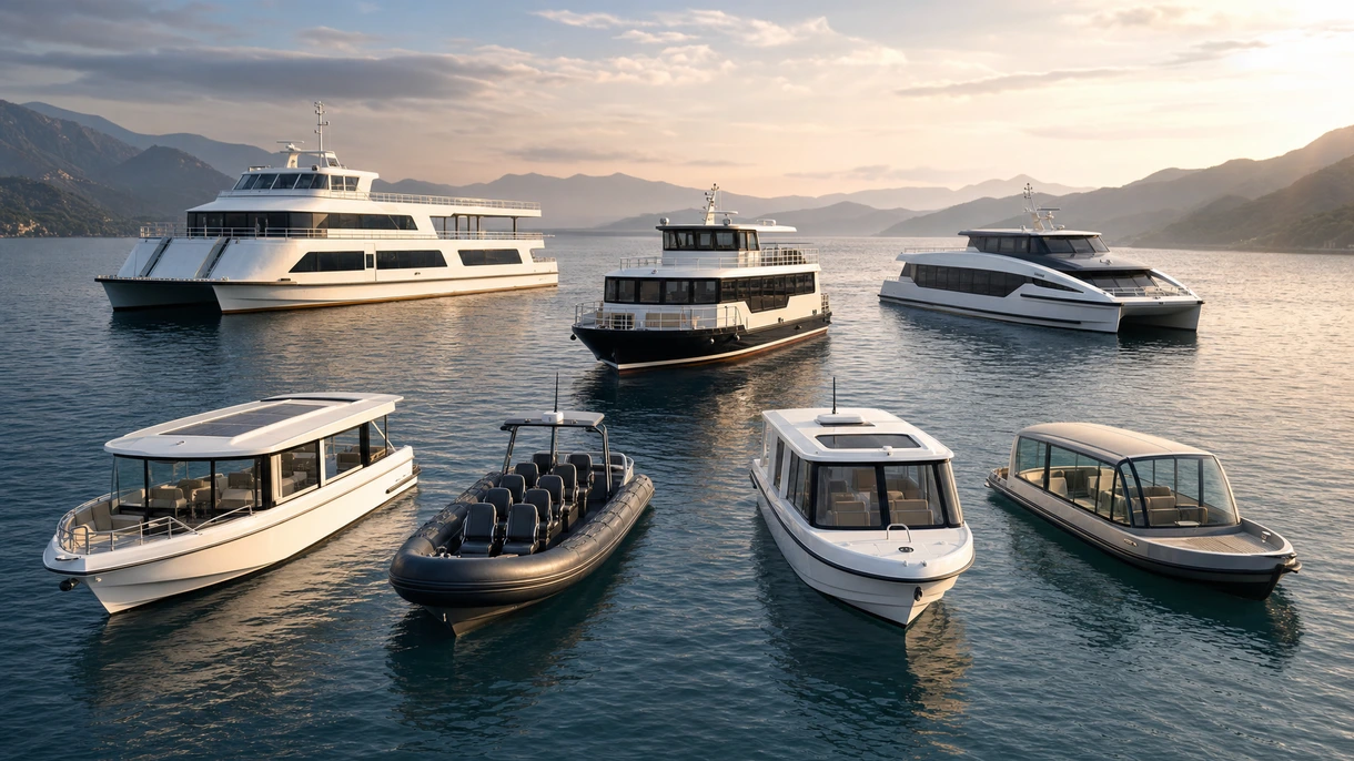 Eine professionelle Aluminium-Katamaran-Fähre während des täglichen Passagiertransports in einem belebten Hafen.