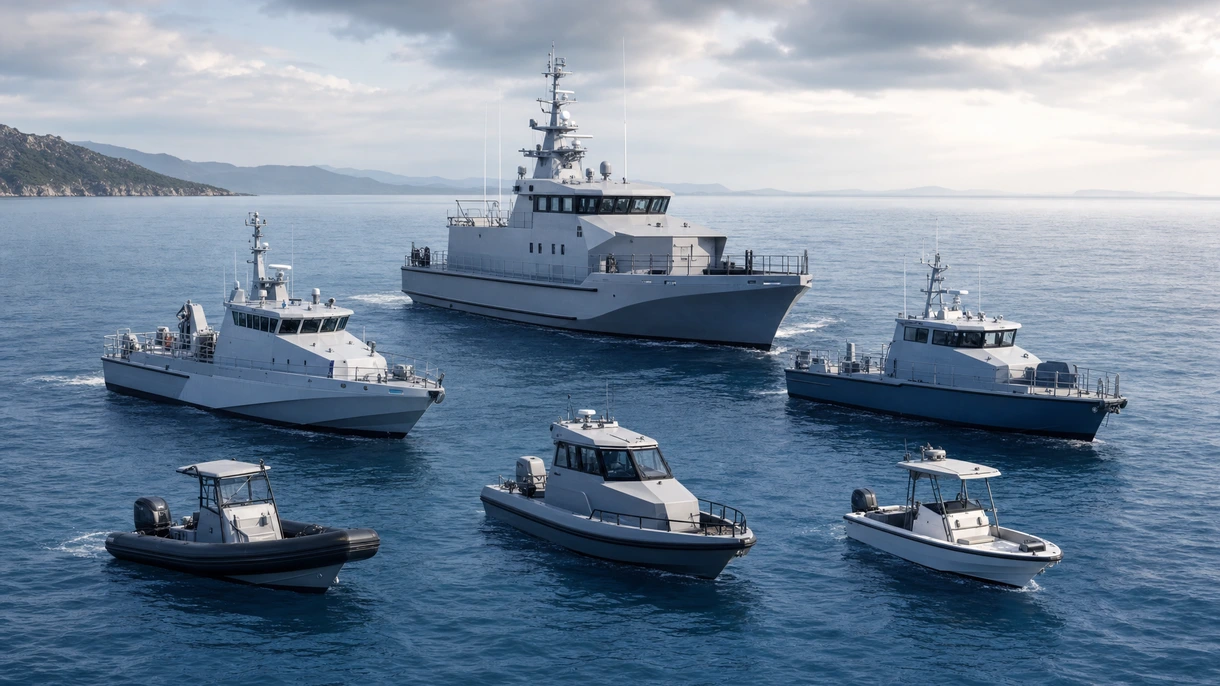 Professionelles Patrouillenboot Berufsschiff aus Aluminium bei taktischen Manövern während der Küstenüberwachung und Sicherheitsoperationen.