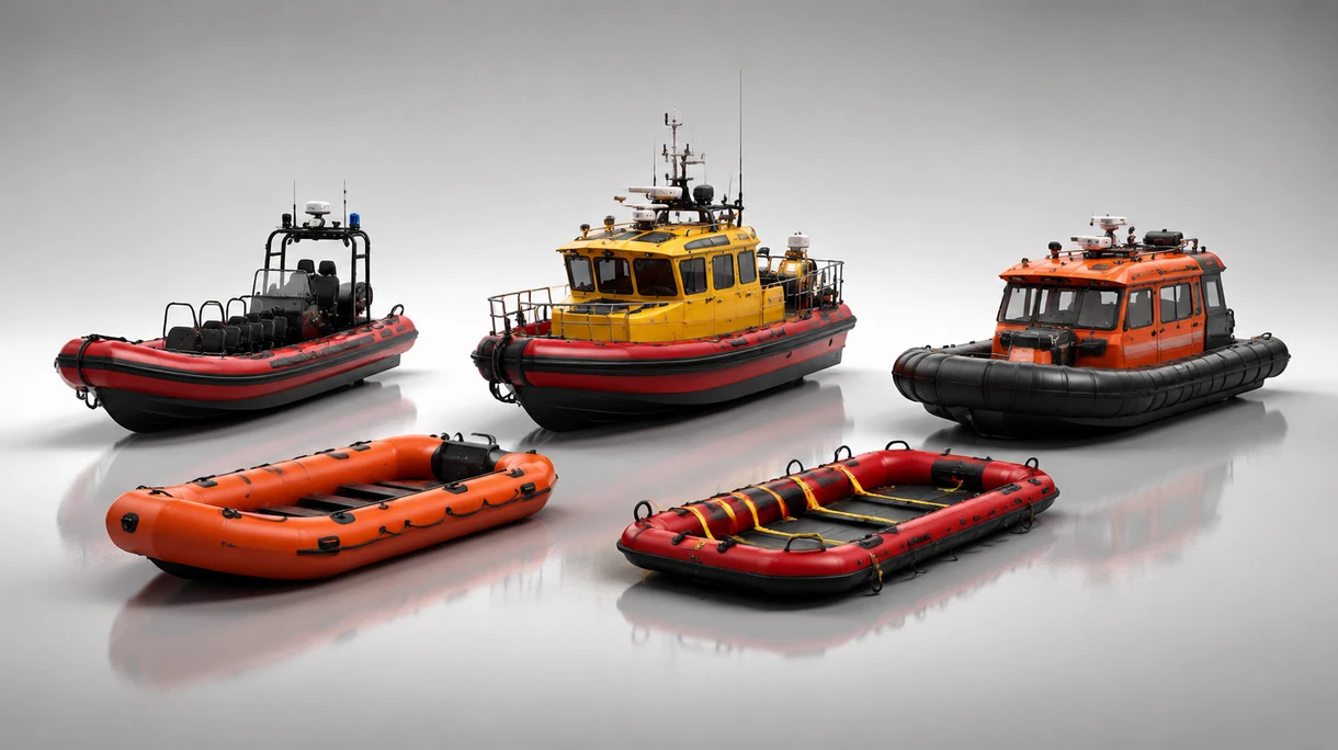 Ein Rettungsboot Berufsschiff bei einer Hochgeschwindigkeits-Mann-über-Bord-Übung unter schweren Offshore-Bedingungen für das Training der Schiffsbesatzung.