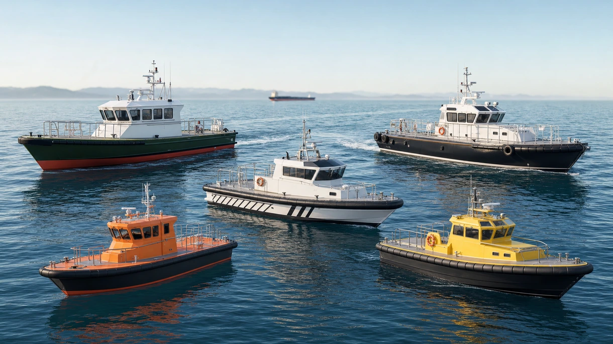 Professionelles Lotsenboot bei einem Hochgeschwindigkeits-Versetzmanöver längsseits eines großen Containerschiffs bei schwerem Nordsee-Seegang.