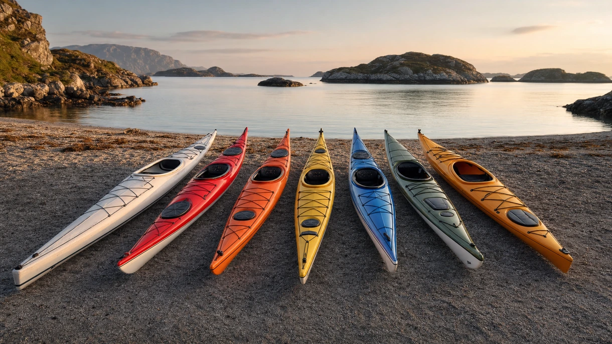 Professionelle Meer-Kajak-Flotte, die von einem maritimen Versorgungsschiff für eine geführte kommerzielle Expedition in Küstengewässern eingesetzt wird.