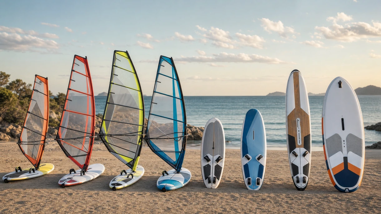 Ein professionelles Windsurfboard auf einem Marina-Dock neben einer Flotte von Begleitbooten und Ausrüstung.