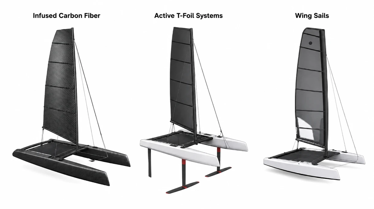 Detaillierte Nahaufnahme einer Hydrofoil-Baugruppe aus Hochmodul-Carbonfaser, die das verstellbare Winglet und die Montagebeschläge aus Titan zeigt.