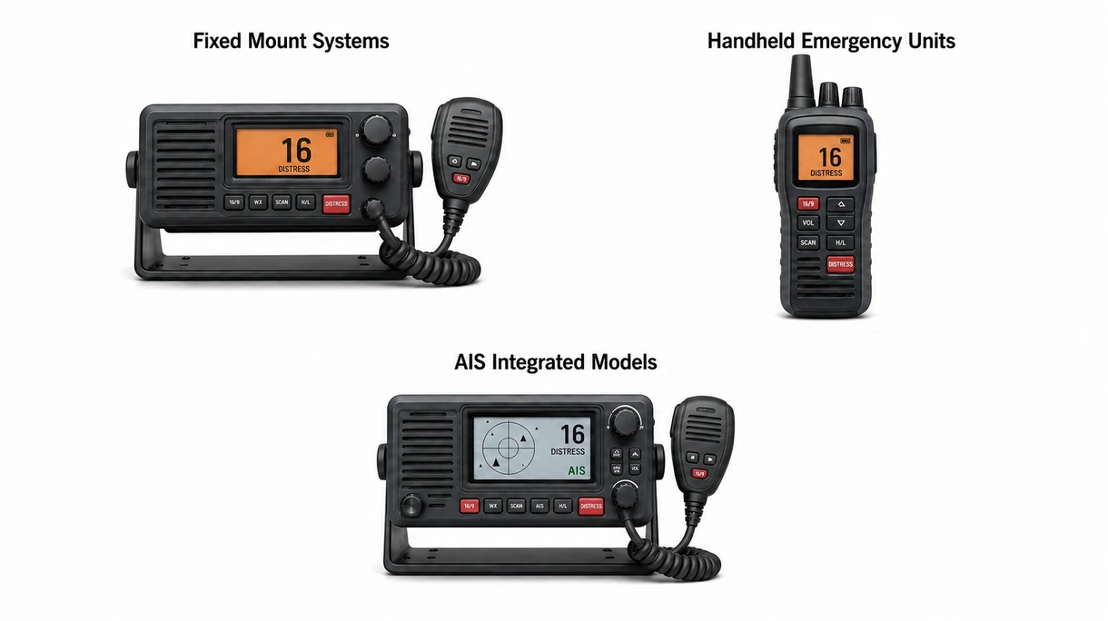 Technische Nahaufnahme eines robusten VHF-Funkgeräts (Handset) mit versiegelten taktilen Tasten und kontrastreichem Flüssigkristalldisplay.