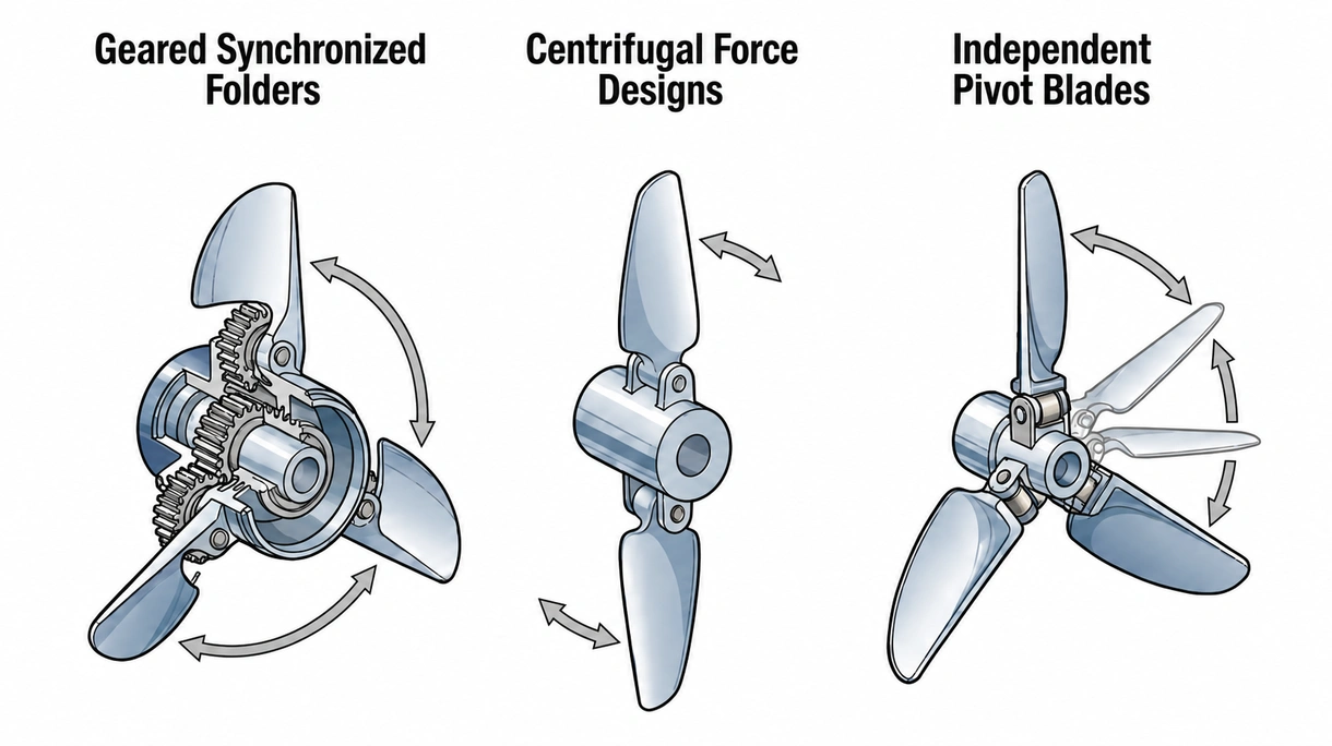 Detaillierte Makroansicht der internen Verzahnung und der Lagerstifte eines Faltpropellers aus Bronze, die präzisionstechnische Komponenten zeigt.